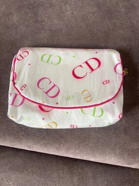Dior White Multicolor CD Logo Cosmetic Pouch with Pink Trim